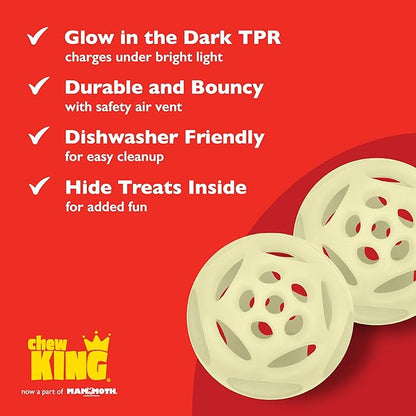 Chew King by Mammoth Glow-in-the-Dark Dog Fetch Balls (2-Pack), Lattice Rubber Fetch Toys for Night Play, High Bounce, Rechargeable Under Any Light, Large 4.5"