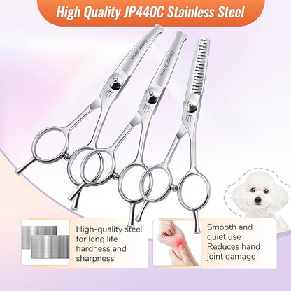 Dog Grooming Scissors: 3 in 1 Pet Shears Set Made of Advanced JP440C Stainless Steel Alloy for Trimming Dogs Cats and Other Pets Face and Paws