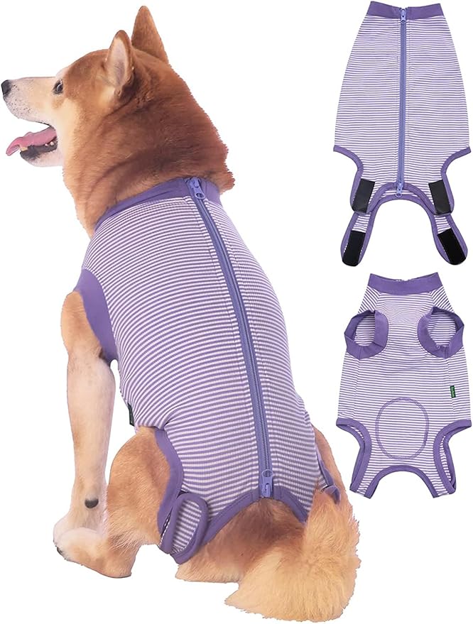 Dog Recovery Suit Purple Female Spay Surgical Small Shirt, Male Surgery Recovery Suit,Purple-White Striped S