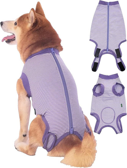 Dog Recovery Suit Purple Female Spay Surgical Medium Shirt, Male Surgery Recovery Suit,Purple-White Striped M