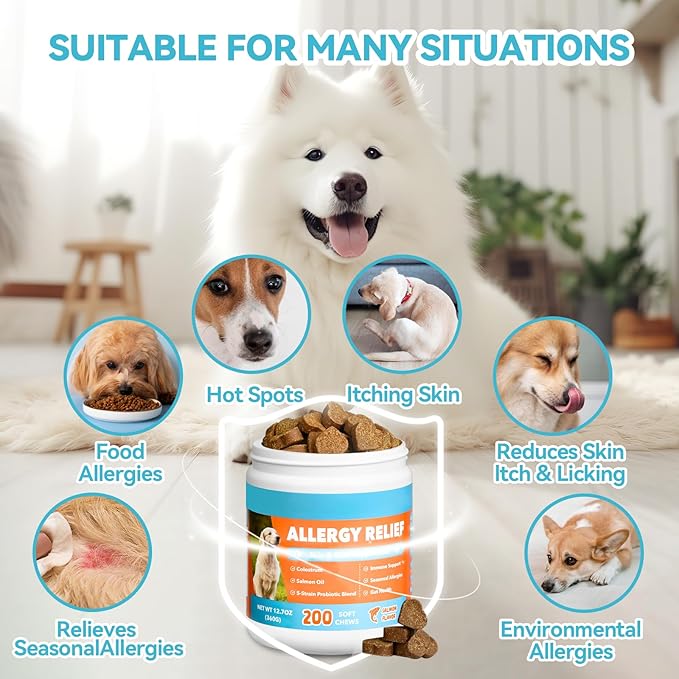 Dog Allergy Chews 200ct, Dogs Allergy Relief Chews for Paw Licking Itchy Skin Coat Supplement, Dog Itching Relief with Probiotics Colostrum for Dry Skin Itching Licking Seasonal Allergies