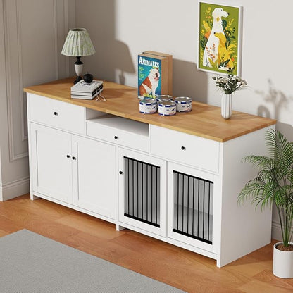 78" Double Door Dog Crate Furniture TV Stand, Heavy Duty Wooden Dog Kennel with 3 Drawers & 2 Cabinets, Extra Large Indoor Dog Cage for Medium/Large Dogs, White