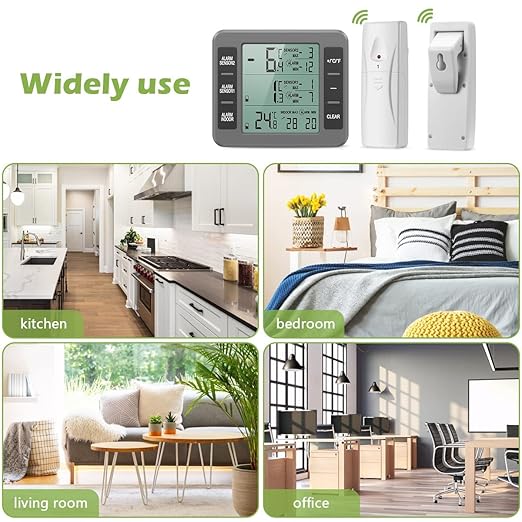 KeeKit Refrigerator Thermometer, Indoor Outdoor Thermometer with 2 Sensors, Wireless Digital Freezer Thermometer with Audible Alarm Temperature Gauge, Min/Max Record for Home, Kitchen – Grey