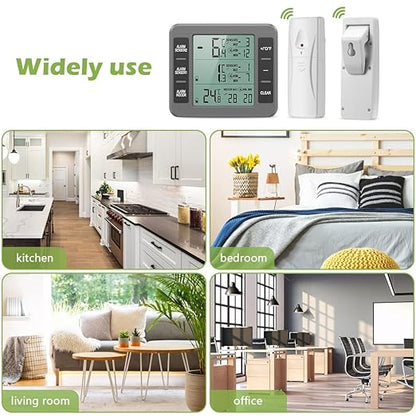 KeeKit Refrigerator Thermometer, Indoor Outdoor Thermometer with 2 Sensors, Wireless Digital Freezer Thermometer with Audible Alarm Temperature Gauge, Min/Max Record for Home, Kitchen – Grey