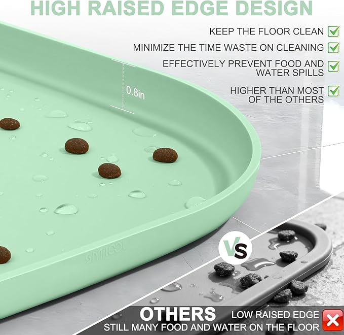 Smilool Silicone Pet Food Mat with Raised Edge for Food and Water Bowl, Dog Feeding Mats, Cat Food Trays for Floor Waterproof, Rubber Tray for Dogs and Cats, 24 x 16 x 0.8 Mint Green