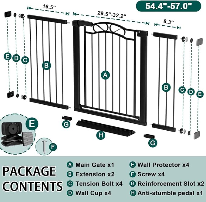 Fairy Baby 54.4"-57.0" Extra Wide Baby Gate with Door, 55 56 57 Inches Walk THR Baby Gates for Stairs Pressure Mounted no Drill, Indoor Tension Metal Child Pet Dog Safety Gate for Kids, Black