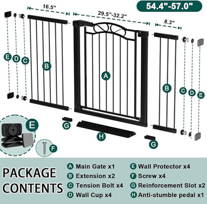 Fairy Baby 54.4"-57.0" Extra Wide Baby Gate with Door, 55 56 57 Inches Walk THR Baby Gates for Stairs Pressure Mounted no Drill, Indoor Tension Metal Child Pet Dog Safety Gate for Kids, Black