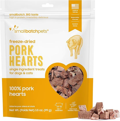 smallbatch Pets Premium Freeze-Dried Pork Heart Treats for Dogs and Cats, 3.5 oz, Made and Sourced in The USA, Single Ingredient, Humanely Raised Meat, No Preservatives or Anything Artificial