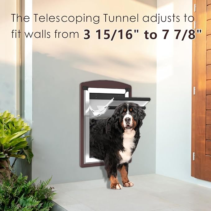 Dog Door for Wall, Extra Large Dog Door with 2 Magnetic Flaps, 2 Lock Panels, Steel Frame and Telescoping Tunnel, Doggie Door for Interior and Exterior Wall, X-Large, Coffee Color