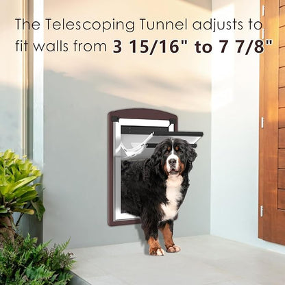 Dog Door for Wall, Extra Large Dog Door with 2 Magnetic Flaps, 2 Lock Panels, Steel Frame and Telescoping Tunnel, Doggie Door for Interior and Exterior Wall, X-Large, Coffee Color
