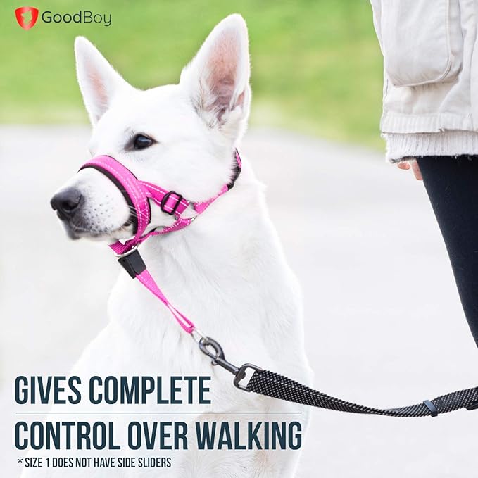 GoodBoy Dog Head Halter with Safety Strap - Stops Heavy Pulling On The Leash - Padded Headcollar for Small Medium and Large Dog Sizes - Head Collar Training Guide Included (Size 1, Pink Nylon)