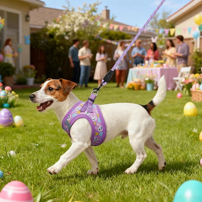 BEAUTYZOO Easter Dog Harness and Leash Set,Step in No Choke No Pull Soft Mesh Dog Harnesses Reflective for XSmall/Small Puppy Dogs Cats, Cute Coloful Egg Dog Vest for Outdoor Walking,Purple S
