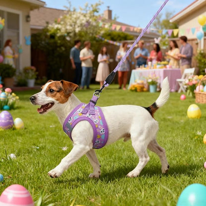 BEAUTYZOO Easter Dog Harness and Leash Set,Step in No Choke No Pull Soft Mesh Dog Harnesses Reflective for XSmall/Small Puppy Dogs Cats, Cute Coloful Egg Dog Vest for Outdoor Walking,Purple S