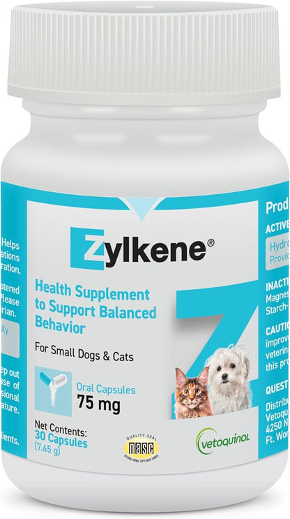 Vetoquinol Zylkene Calming Support Supplement for Small Dogs and Cats, Helps Promote Relaxation and Reduce External Stress Factors, Daily Behavioral Support and Anxiety Relief for Dogs and Cats, 75mg