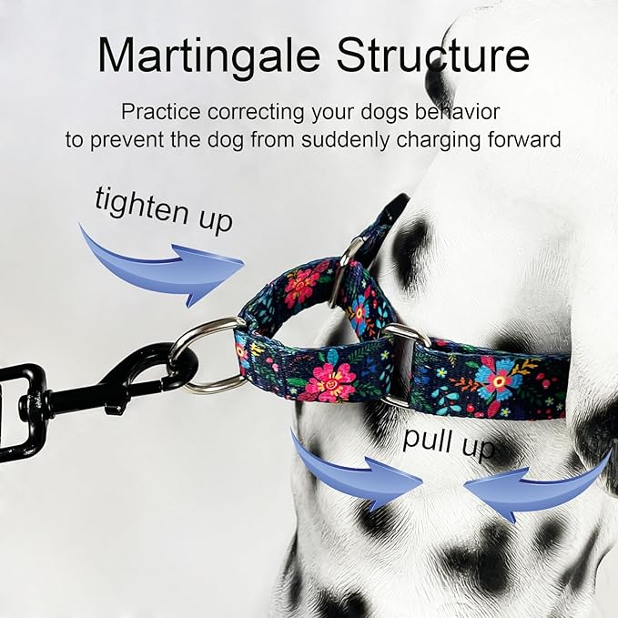 Martingale Collar for Dogs Floral Dog Collars for Small Medium Large Dogs with Buckle Adjustable Soft Nylon Dog Collar (Blue Pink Flower, XLarge)
