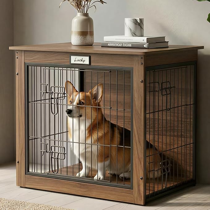 Walnut Dog Crate Furniture with Reversible Side Door, 28inch Wooden Indoor Dog Kennel for Small Medium Dogs, End Table Dog Crate with Double Locks & Steel Mesh, Furniture Style Dog Cage