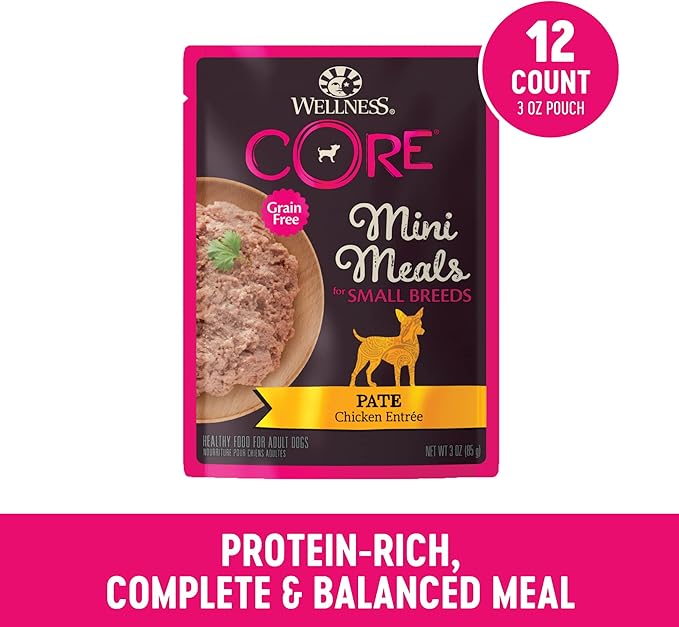 Wellness CORE Small Breed Mini Meals Pate Adult Wet Dog Food, Grain Free, Natural, Chicken Entrée Recipe, 3 oz, Pack of 12 Pouches