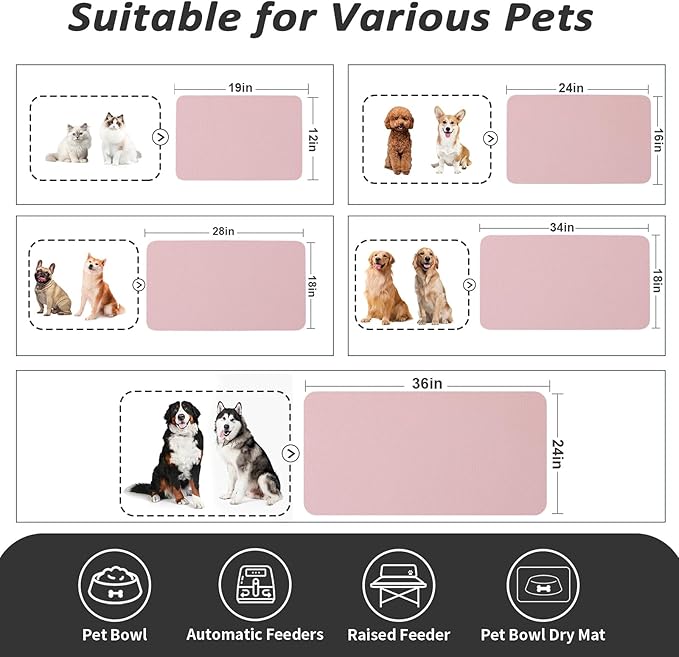 HotLive Dog Food Mat - Absorbent Cat Mat for Food and Water, No Stains Pet Feeding Bowl Mat, Easy to Clean Pet Placemats, Quick Dry Dog Water Dispenser Mat for Messy Drinkers | Pink 24"x36"