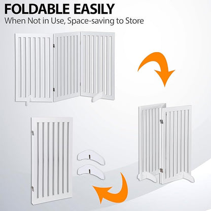 Dog Gate 60 x 36 Inch Freestanding Indoor Pet Door for House Doorways Stairs Halls, Foldable Wood Safety Fence 3 Panels, White