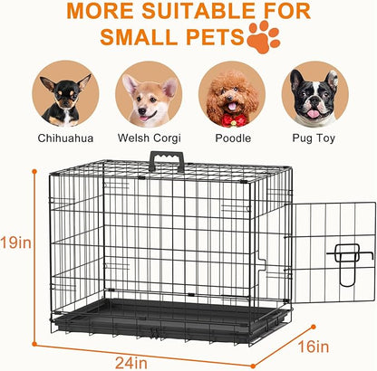 FDW 24inch Dog Crate Pet Cage with Metal Folding Design Plastic Tray Indoor Outdoor Dog Kennel Cage for Small Dogs,Black