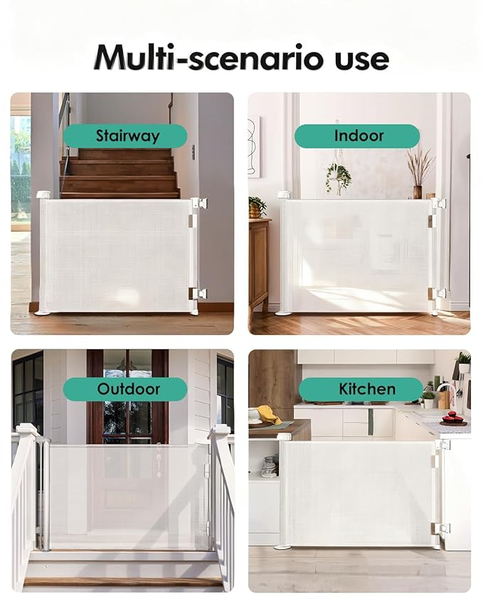 Retractable Baby Gates, Mesh Dog Gate for Doorways, 33.6" Tall, Expands to 55" Wide,Pet Safety Essential Fit for Baseboards, Wide Toddlers Gates for Hallways, Indoor & Outdoor,White