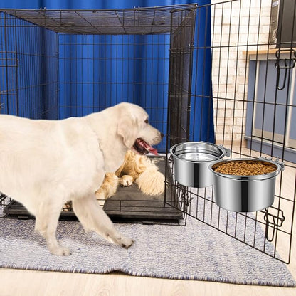 2 Pcs Large Dog Food Water Bowl for Cage with Upgraded Clamp Holder, Pet Kennel Hanging Bowls Stainless Steel Detectable Bowls Crate Feeder Dish for Large Dogs (7.1x3.7'' & 5.1x2.7'')