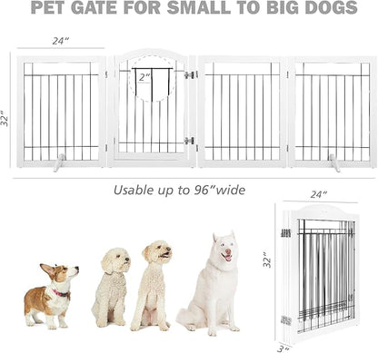 SPIRICH 96-inch Extra Wide 30-inches Tall Dog Gate with Door Walk Through, Freestanding Wire Pet Gate for The House, Doorway, Stairs, Pet Puppy Safety Fence, Support Feet Included (White)