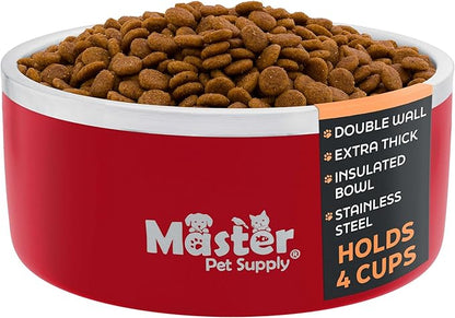 Master Pet Supply Stainless Steel Dog Bowls - 32 oz, Heavy Duty - Crimson Flame, Double Wall Extra-Thick Insulated, Non-Slip Pet Water Bowl for Dogs, Cats & Pets, Anti Rust Metal, Dish Washer Safe