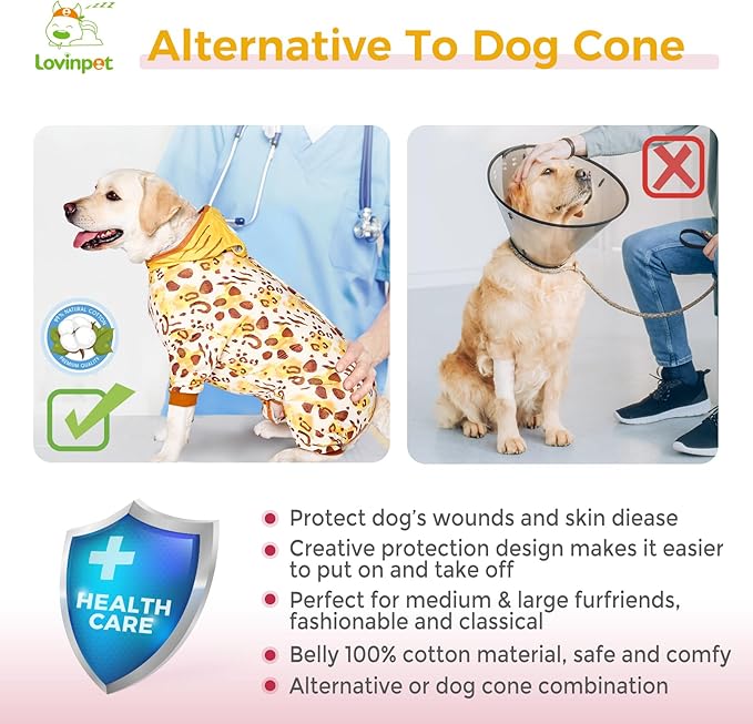 LovinPet Dog Recovery Suit for Large Medium Dogs - Dog's Bodysuit Wound Protective Surgical,E-Collar Alternative Recovery Bodysuit for Abdominal Wounds After Surgery Anti-Licking,Tiger,Yellow,M