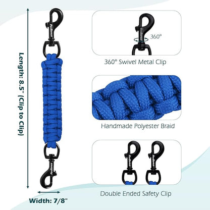 PetBonus Dog Collar Safety Clip, Handmade Backup Safety Strap for Dog Harness, Prong, Pinch Collar, Double Ended Clasp Leash Connector (Blue)