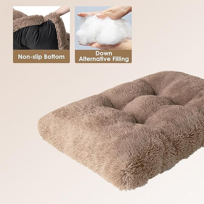 EHEYCIGA Fluffy Dog Crate Bed for Extra Large Dogs, Plush Faux Fur XLP Pad, Calming Anti Anxiety XL Plus Bed for Crate, Washable Soft Warm Dog Mat with Non-Slip Bottom, Camel