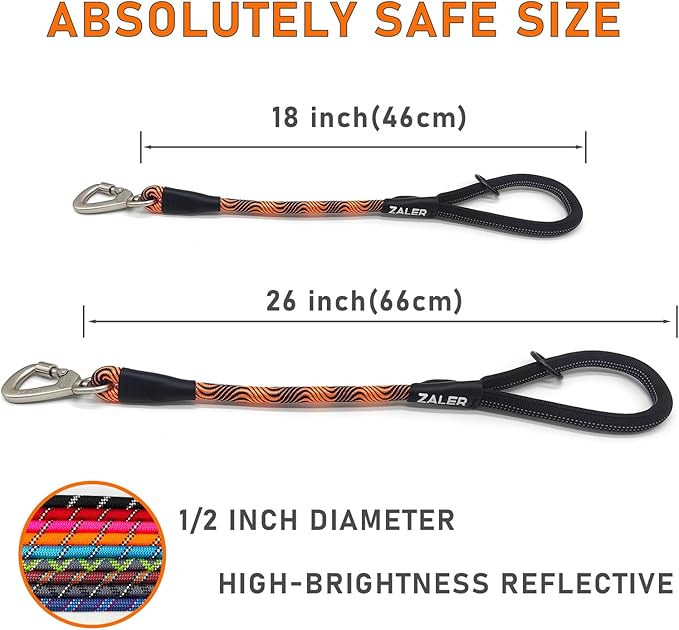 ZALER Short Dog Leash, 26 Inches Rope Traffic Leashes for Dogs, Reflective Dog Lead with O-Ring, Heavy Duty Pet Leash for Large and Medium Dogs (26'' Black Orange)