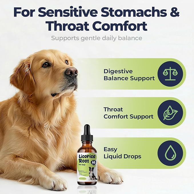 Licorice Root Drops for Dogs – Herbal Digestive & Throat Comfort Support, Licorice Root Extract Liquid for Sensitive Stomach & Daily Wellness, Easy-to-Mix Dog Supplement, 2 fl oz (60 mL)