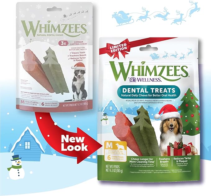 Whimzees by Wellness Holiday Natural Grain Free Dental Chews for Dogs, Medium Breed, 6 Count (Pack of 2)
