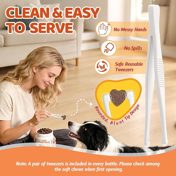 Dog Allergy Chews with Feeding Tweezers, Dog Probiotics for Itchy Skin and Ears, Bovine Colostrum, Lactoferrin and Multivitamins to Ssupport Immune Health for All Ages/Breeds, Chicken, 120 ct/300g