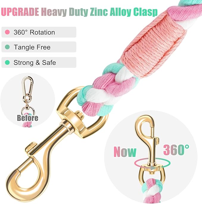 Dog Leash 5 FT Handmade Braided Cotton Rope Leashes for Small Medium and Large Dogs, New Golden Heavy Duty Metal Clasp, Cherry Blossom Pink