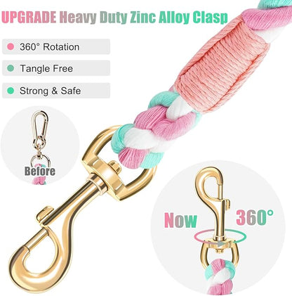 Dog Leash 6 FT Handmade Braided Cotton Rope Leashes for Small Medium and Large Dogs, New Golden Heavy Duty Metal Clasp, Cherry Blossom Pink