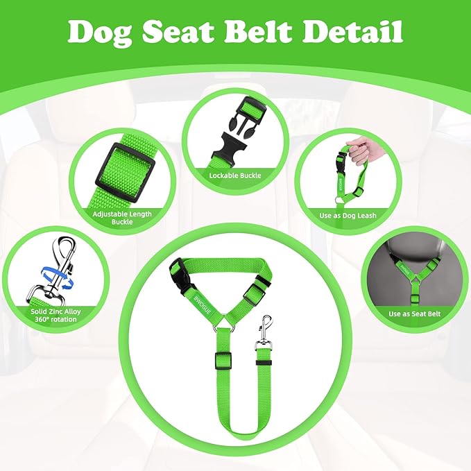 BWOGUE Pet Dog Cat Seat Belts, Car Headrest Restraint Adjustable Safety Leads Vehicle Seatbelt Harness (1 Pack, Green, Not Elastic)