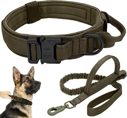 Tactical Dog Collar Leash Set, Adjustable Military Training Nylon Collar Dog Training with Control Handleand Metal Buckle, Dog Collar for Medium Large Dogs (Green,M)