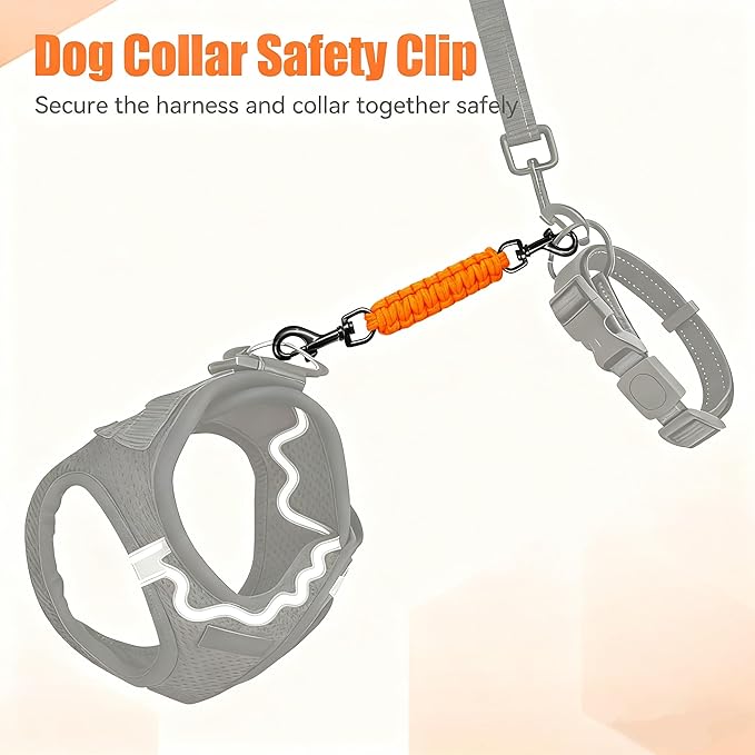 Dog Collar Safety Clip, Collar Companion, Handmade Backup Safety Strap, Double-Ended Clip Leash Connector, Suitable for Dog Harnesses, Prong, Pinch Collars (Pink + Orange, 2 Pack)
