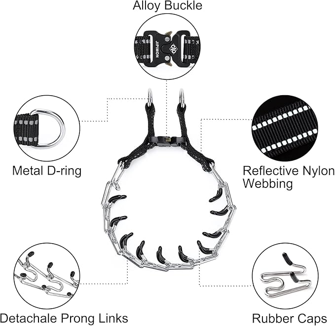 Prong Collar for Dogs Adjustable No Pull Dog Choke Pinch Training Collar with Comfortable Rubber Tip for Small Medium Large Dogs (Large, Black)