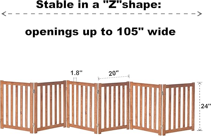 LZRS 6-Panel Extra-Wide Freestanding Wooden Dog Gate Indoor – 24”High Foldable Safety Pet Barrier for Doorways, Hallways, Kitchens, and Long Staircases, Durable Design fit Small to Medium Dogs, Oak
