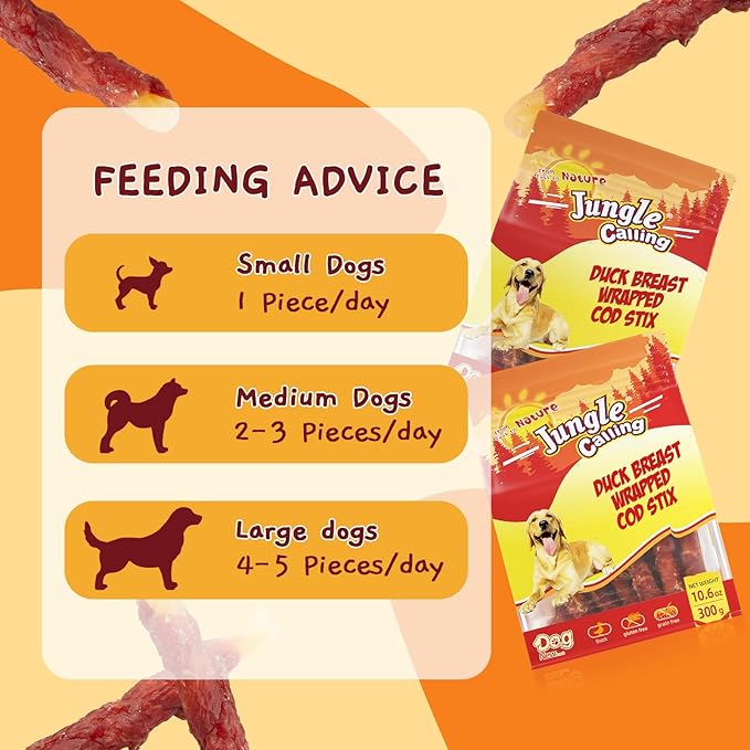Jungle Calling Duck Wrapped Cod Sticks Dog Treats, Rawhide Free Training Rewards Snacks for Dogs, Natural Chewy Sticks Treats, 10.6oz (Pack of 2)