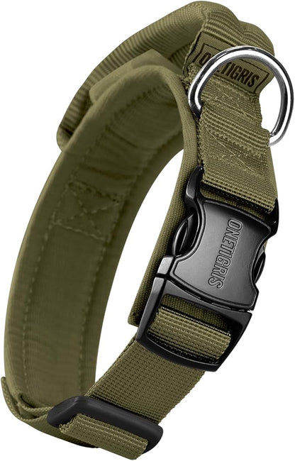 OneTigris Tough Dog Collars, Tactical Dog Collar with Handle, Milltary Adjustable Dog Collar with Heavy Duty Metal Buckle for Training (Green, S)