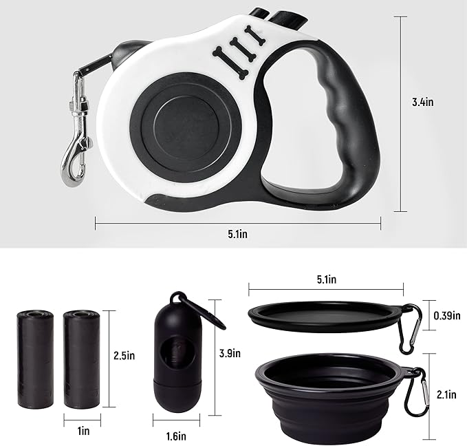 Retractable Dog Leash Automatic Telescopic Tractor Dog Tape, Pet Tape 10/16 FT Durable and Convenient, with Folding Bowl, Dispenser, Rubbish Bags, Suitable for Small and Medium Dogs