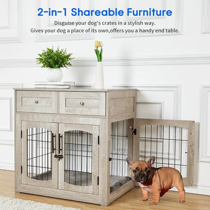 Hipicute Dog Crate Furniture with Drawers, Wooden Kennel for Large Breed Dogs, End Table Dog House for Indoor Use, Dog Crate for Small/Medium/Large Dogs