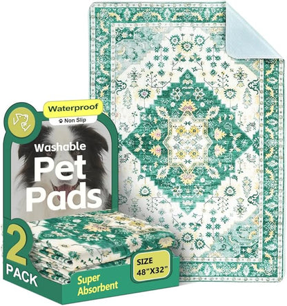 Washable Pee Pads for Dogs 2 Pack Reusable Puppy Training Pads 48"x32" Super Absorbent Waterproof Dog Training Pads, Non-Slip Potty Pads Whelping Pads Litter Mat Pet Supplies - Green Medallion