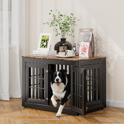 Snuowu 38" Heavy Duty Dog Crate Furniture for Small,Medium and Large Dogs,Rustic Wooden Dog Cage Kennel Indoor Furniture with Waterproof Top,Decorative Pet House Side End Table (Black & Wood)