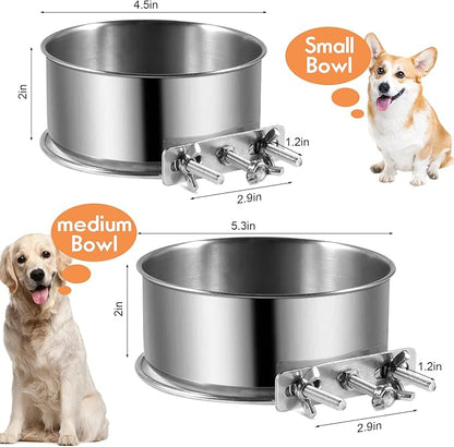 Dog Crate Water Bowl, 2 Pack No Spill Hanging Cage Food Bowls for Kennel Puppy Cat Bird Bunny Stainless Steel Metal Mountable Small&Medium Feeding Dish Wall Mounted Attachable Crates Pet Feeder
