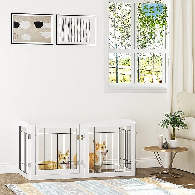 PAWLAND Freestanding Dog gate with Walk Through Door, Dog Gates for Doorways, The House, Stairs, 80" Wide Pet Puppy Safety Fence with Support Feet, 4 Panels, White